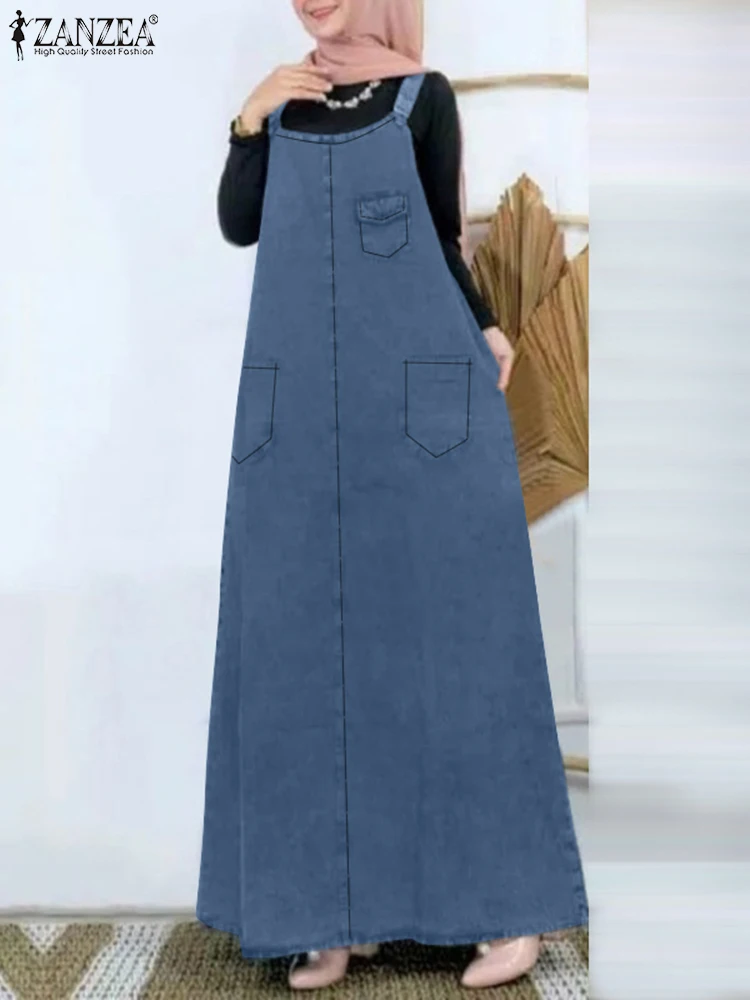 

ZANZEA Fashion Denim Suspender Dress Woman Casual Abaya Kaftan Muslim Dress Sleeveless Solid Vestidos Elegant Party Robe 2024