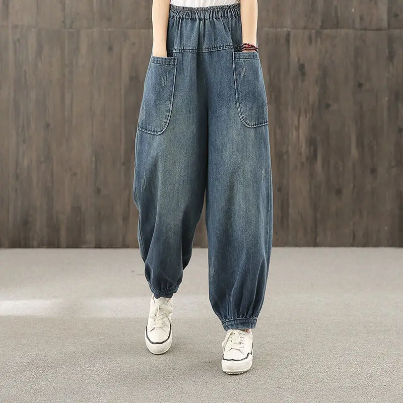 Women's Plus Size Straight Leg Jeans Korean Style Loose Fit Patchwork Big Pockets High Waist for Curvy Girls