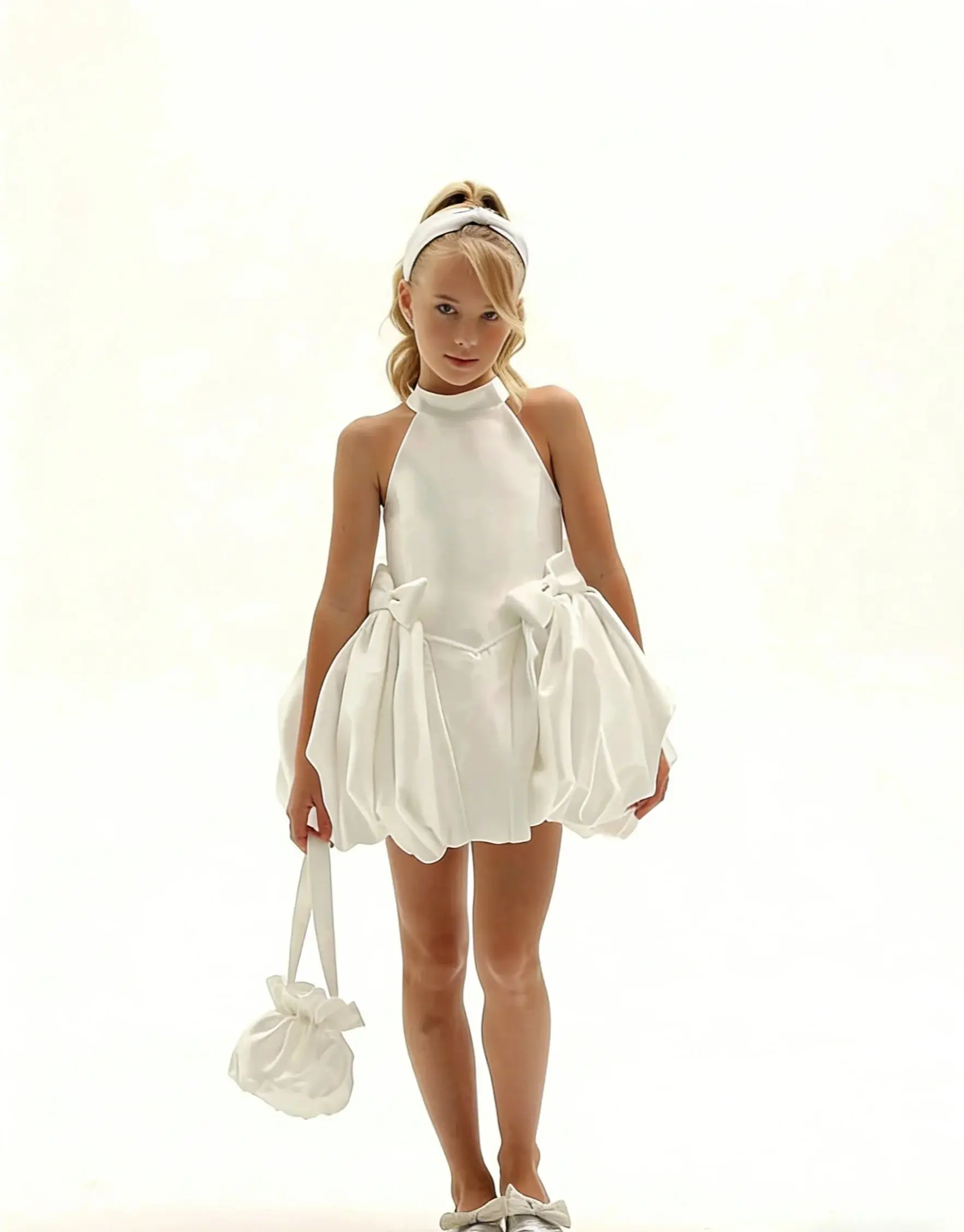 Customize Satin Flower Girl Dress For Wedding Sleeveless Bow Ruffles Mini Skirts Kids Birthday Party First Communion Ball Gown