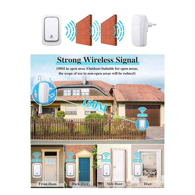 Wireless Doorbell Without Batteries Waterproof Outdoor Kinetic Bell Self-Powered Button EU Plug