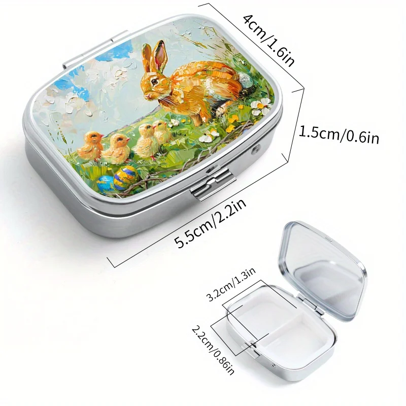 Retro Easter-themed Metal Medicine Box Designed By Bunny and Chick,Double Compartment Portable Medicine Box,Moisture-proof