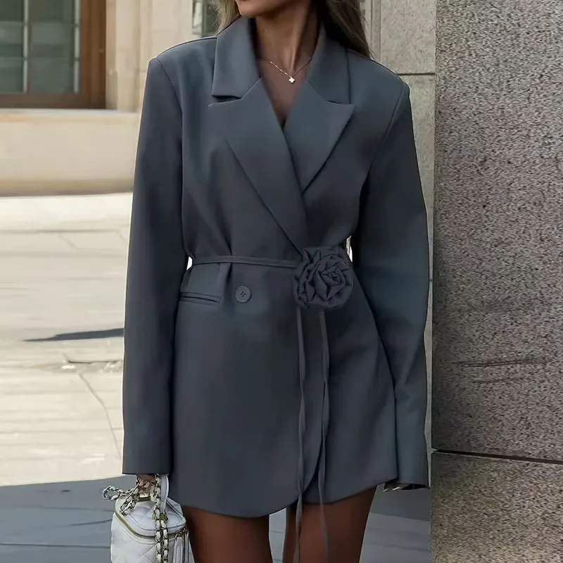 

Модные пиджаки с цветочным поясом, офисные женские свободные пиджаки с карманами, пальто с длинными рукавами, однотонные повседневные пиджаки, новинка весны 2023 г.