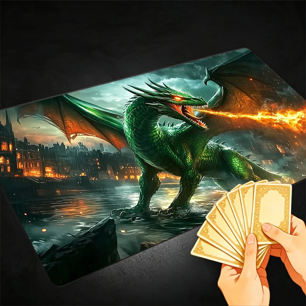 Blue Fire-Breathing Dragon TCG Playmat Magic Playmat Gathering Gaming Mat with Stitched Edge Anti-slip base Trading Card Game