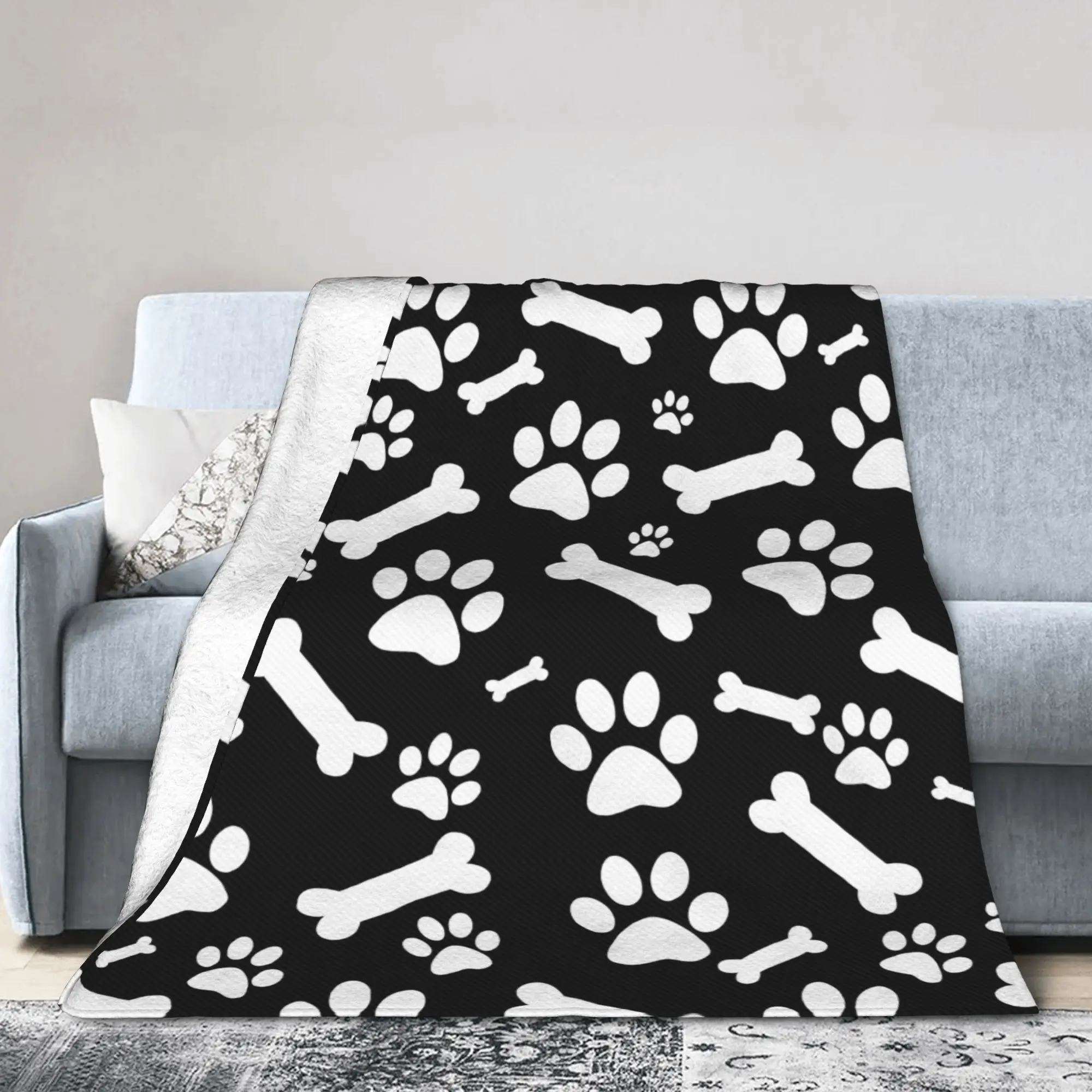 Cute Dog Paw Blanket Cover Flannel Bones Pattern Lightweight Throw Blankets for Bedroom Sofa Bedspread