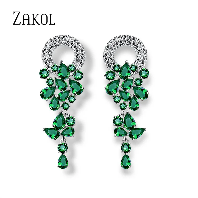 ZAKOL Green Marquise Cut Cubic Zirconia Long Dangle Earrings for Women Fashion Leaf Bridal Wedding Jewelry EP154