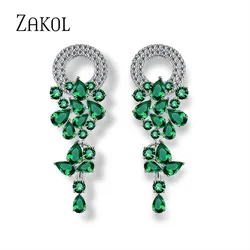 ZAKOL Green Marquise Cut Cubic Zirconia Long Dangle Earrings for Women Fashion Leaf Bridal Wedding Jewelry EP154