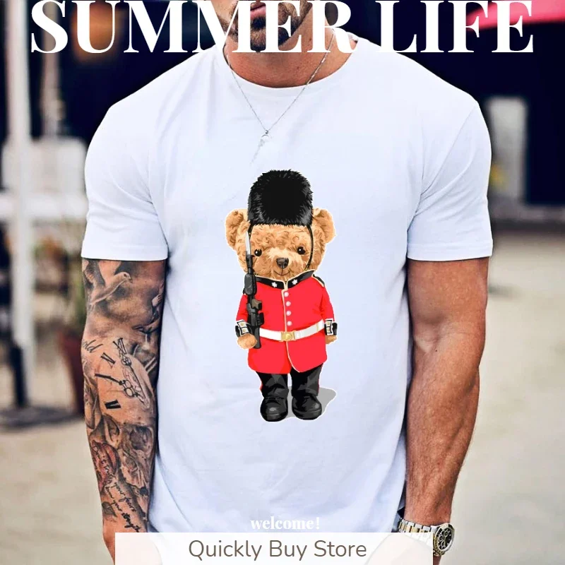 Royal guard Teddy Bear Harajuku Fashion Men's Short Sleeve T-shirt Y2k Fashion T Shirts Kawaii Clothes Printed Anime Japanese