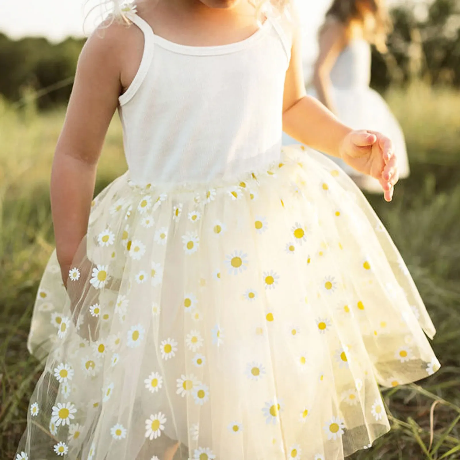 Children Girls Summer Casual Sweet Dress Sleeveless Knit Flower Sling Tulle Tutu School Daily Birthday Party Camp Beach Costume