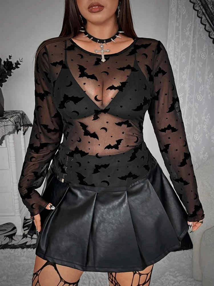 جديد هالوين حجم كبير تمتد متماسكة شبكة أعلى الظلام الخفافيش طباعة شبكة طويلة الأكمام أعلى شفافة القوطية حجم كبير الملابس النسائية