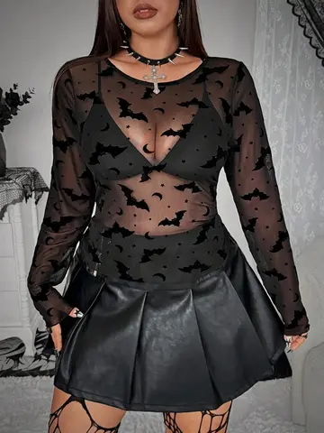 New Halloween Plus Size Stretch Knit Mesh Top Dark Bat Print Mesh Long Sleeve Top Transparent Gothic Plus Size Women's Clothing