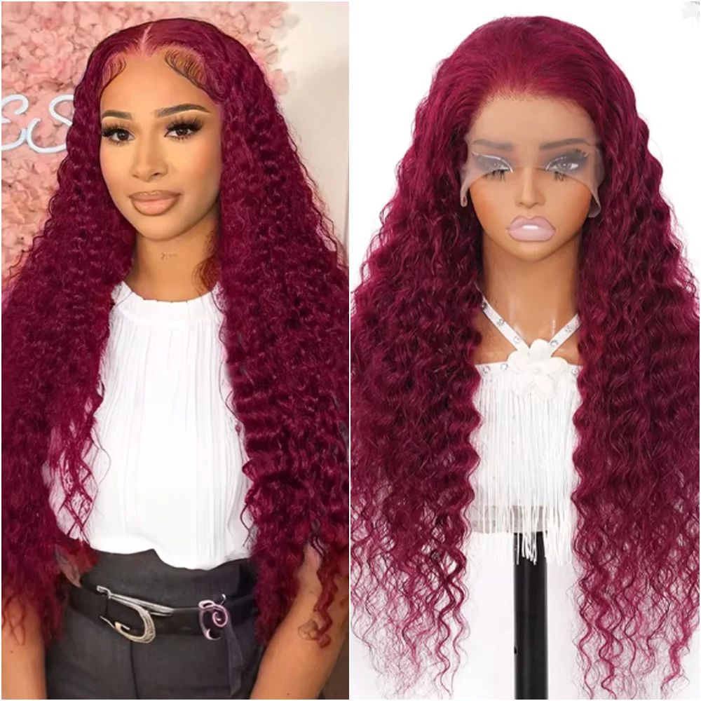 

Перуки из натуральных волос с глубокой волной, 30-40 дюймов, цвет 99J, с прозрачным HD-кружевом 13x4/13x6, для женщин