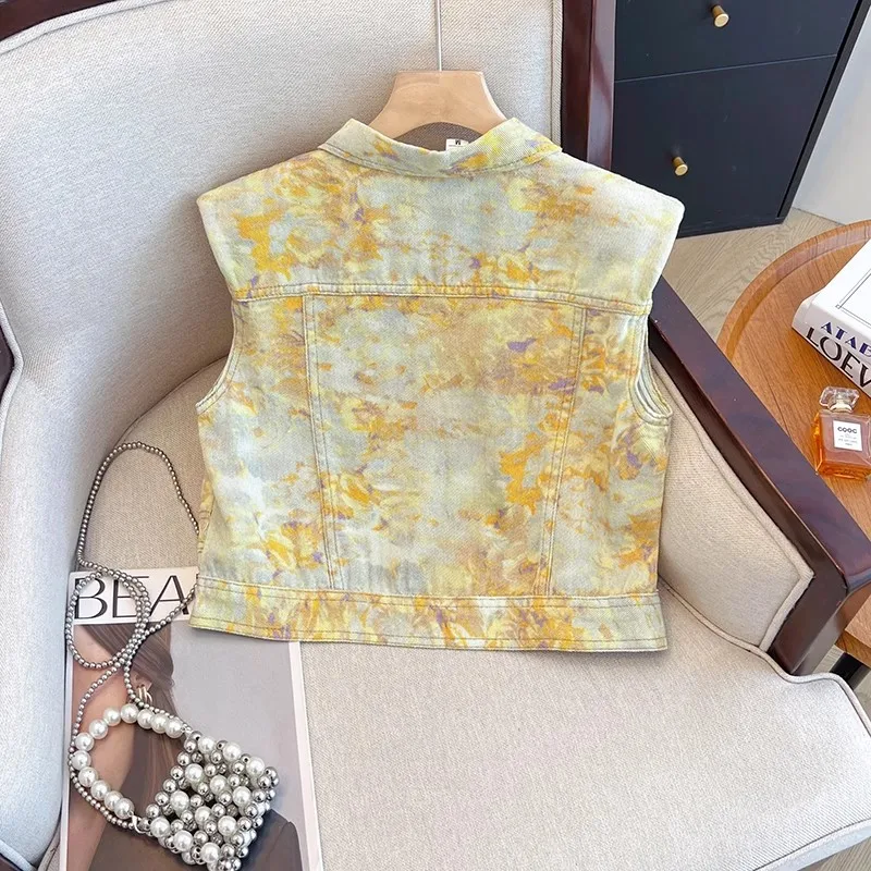 Sommer Vintage Tie-Dye Drucken Dünne Kurze Dünne Denim Weste Frauen Unregelmäßige Revers Einreiher Ärmellose Cowboy Weste Weibliche