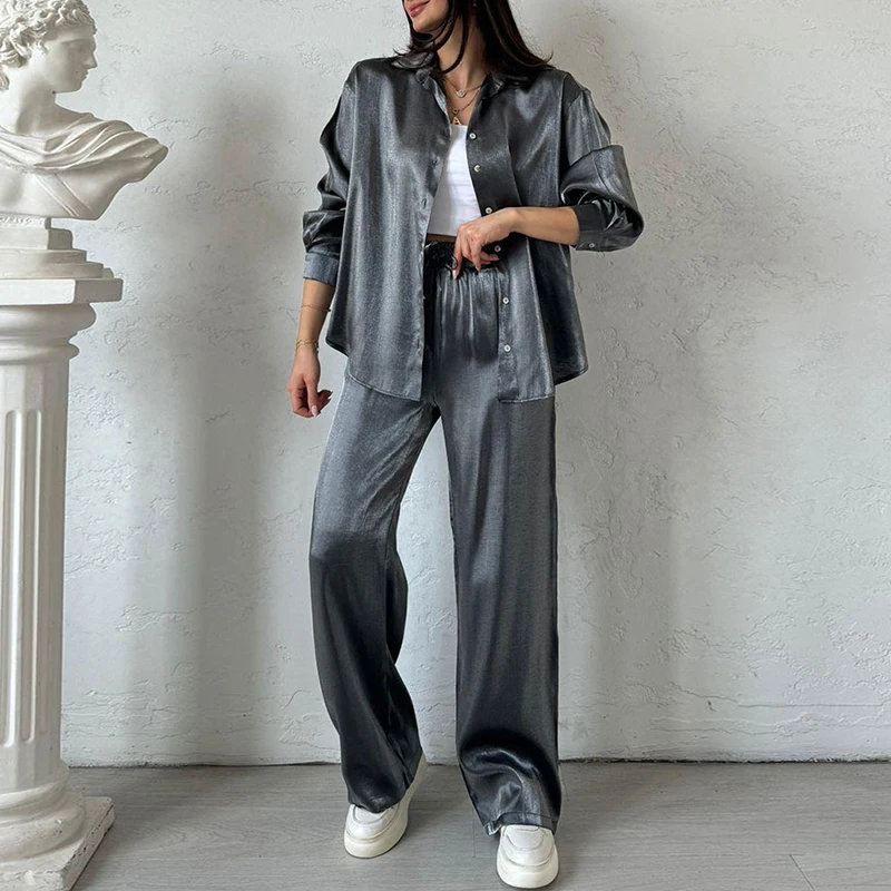 

Ladies Lapel Button Shirt and Pants Suits Spring Autumn Long Sleeved Shiny Silk 2pc Sets Fashion High Waisted Commuting Outfits