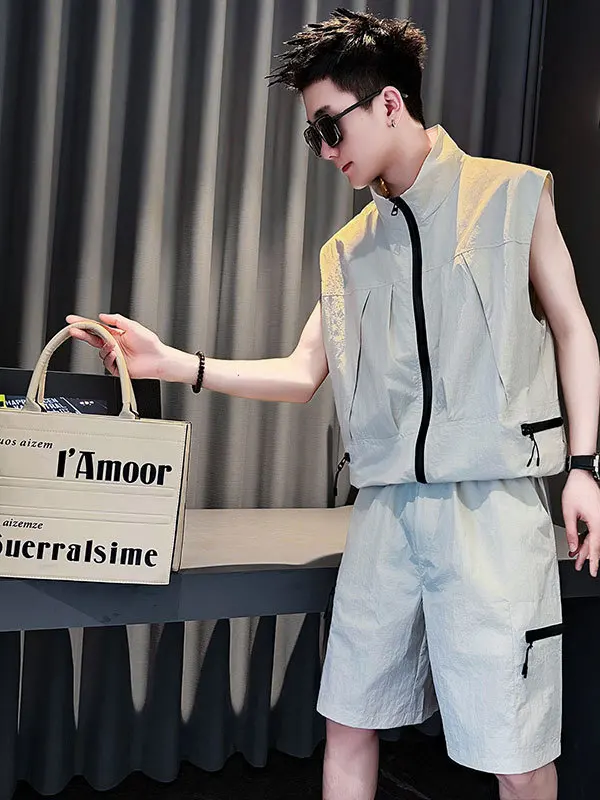 ensemble-veste-sans-manches-a-fermeture-eclair-et-short-d'ete-col-montant-sechage-rapide-vetements-de-sport-tendance-pour-jeunes-hommes-fibre-de-polyester
