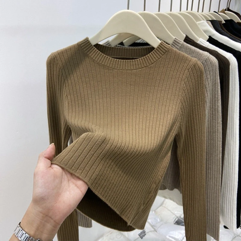 

Short Pullovers Solid O Neck Autumn Winter Basics Woman Sweaters Korean Fashion Vintage Simple Sueter Mujer