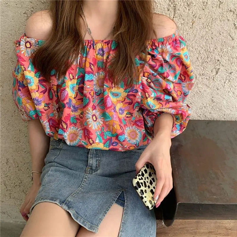 Fashion Slash Neck Printed Sexy Puff Sleeve T-Shirts Women\'s Clothing 2024 Summer New Loose Casual Tops Sweet Tee Shirt