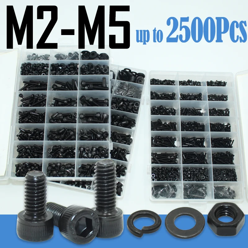 M2 M2.5 M3 M4 M5 M6 Hex Socket Head Cap Set Allen Screw DIN912 Black 12.9 Grade Carbon Steel Screws Nuts Bolt Washer Assortment 