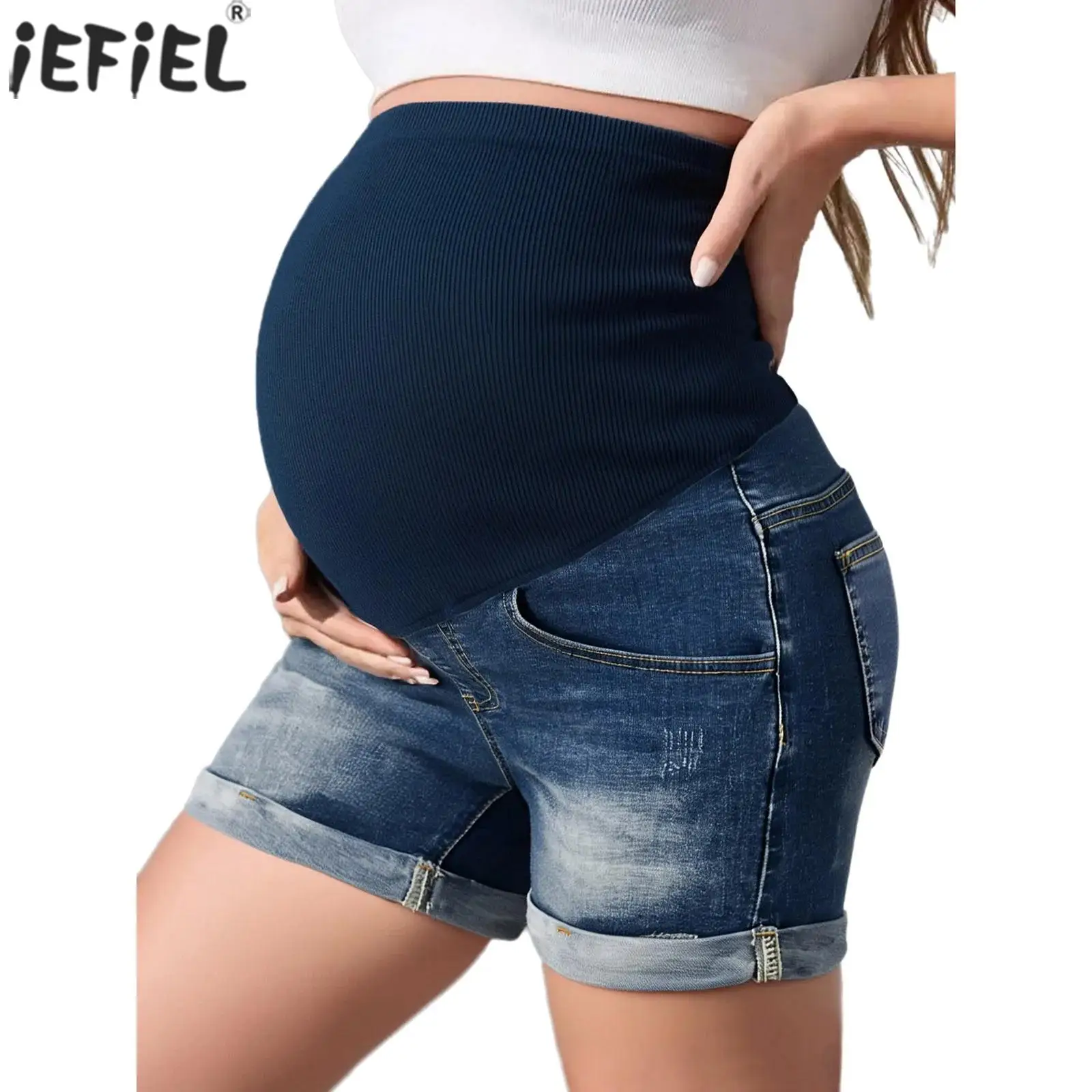 

Womens Maternity Denim Shorts Over The Belly High Waist Stretchy Abdomen Supporting Shorts with Pockets Pregnancy Jean Pants