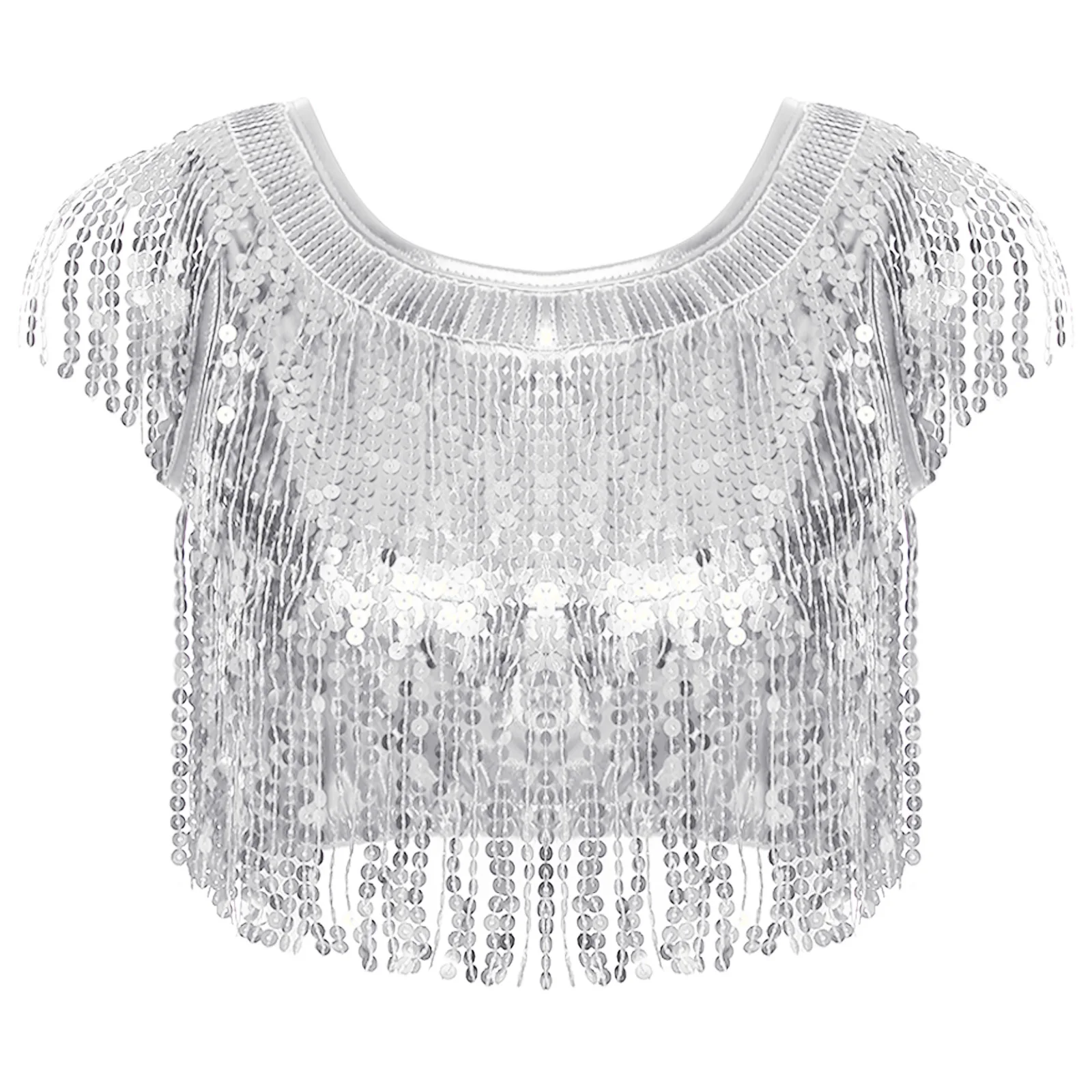Débardeur à franges à paillettes scintillantes pour femmes, pompon métallique brillant, col rond, sans manches, coupe cintrée, haut court, chemisier de danse Disco