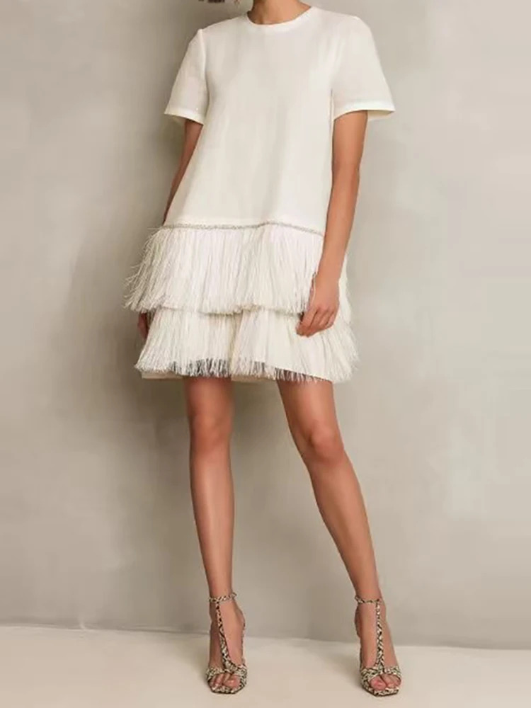 Temperament Tassel Bead Splice Mini Dress 2026 Summer Trendy O-Neck Loose Dress Elegant Solid Short Sleeve Tourist Holiday Dress