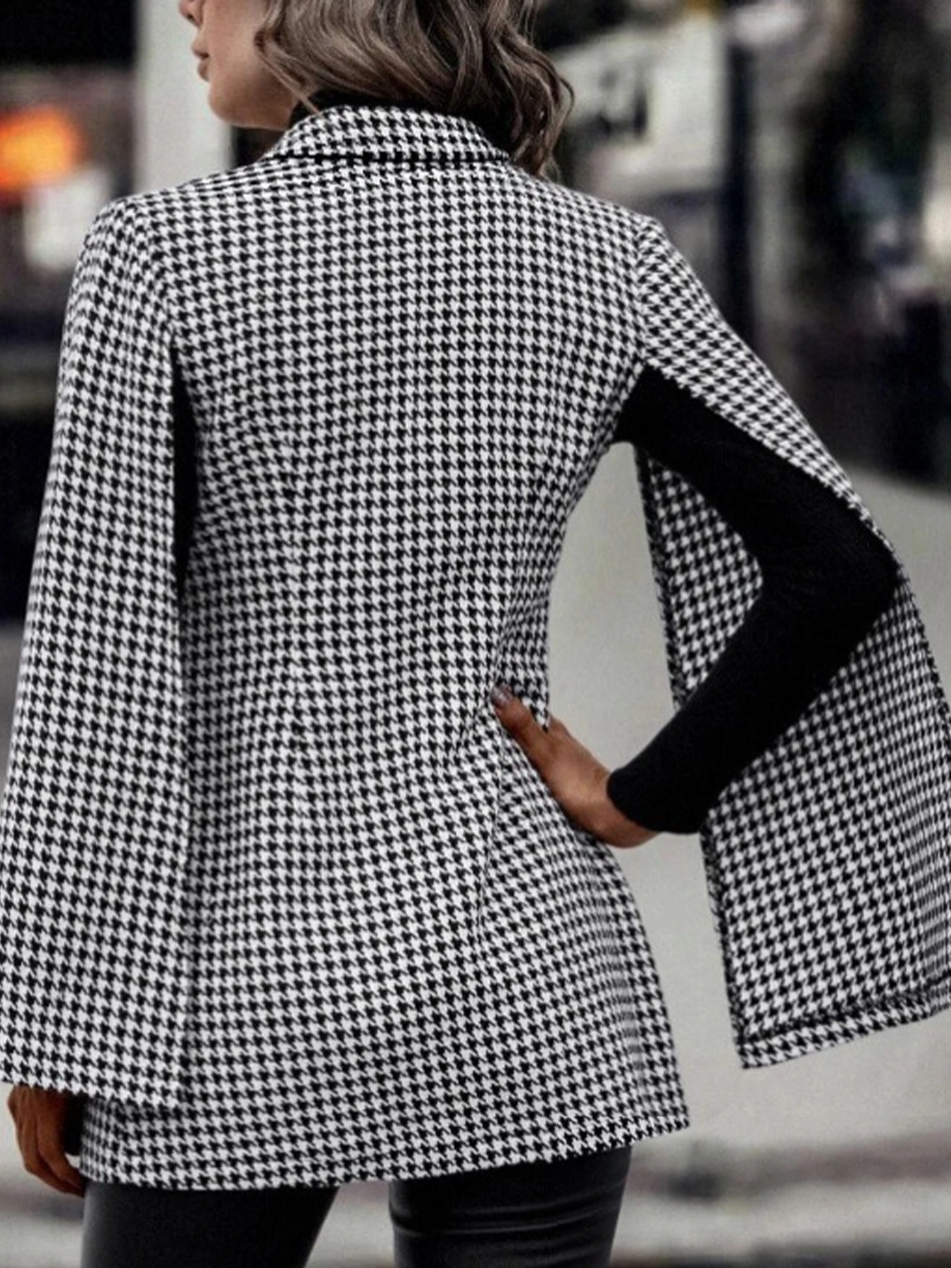 Black White Plaid Tighten waist Medium length Blazer Women's Slim fit Slimming Workplace Temperament Elegant Coat Bell sleeves