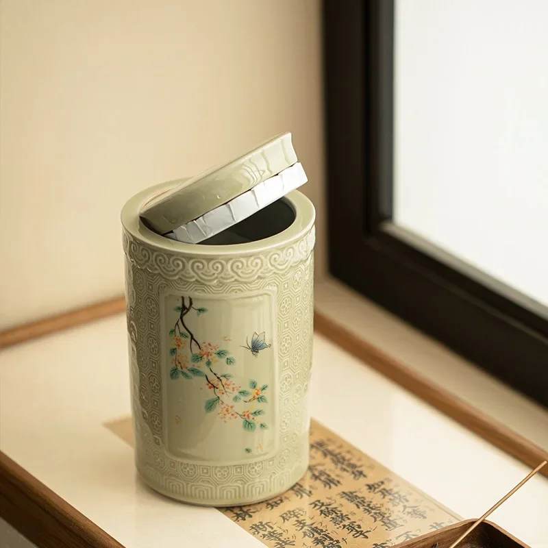 High-grade Ceramic Grass and Wood Ash TeaCans Moisture-proof Sealed Cans Pu'er Tea White Tea Scented Tea Household Storage Tanks