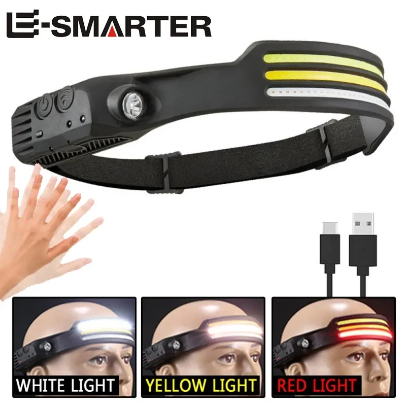 

COB LED Sensor Head Lamp Induction Headlamp Built-in Battery Flashlight USB Rechargeable Head Torch 5 Lighting Modes Headlight