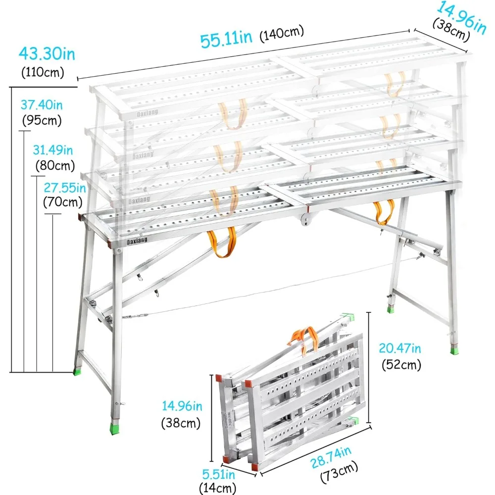 Scaffolding Platform Work Platform Adjustable Height Steel 600 LBS Load Capacity Folding Step Ladder Drywall Painting Stool