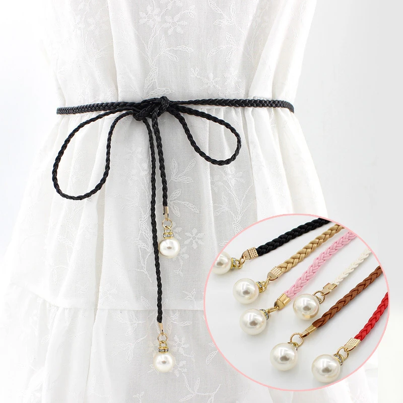 [F] Women Simple PU Leather Belt Boho Tassel Braided Self-Tie Belt Thin Waist Rope Belt