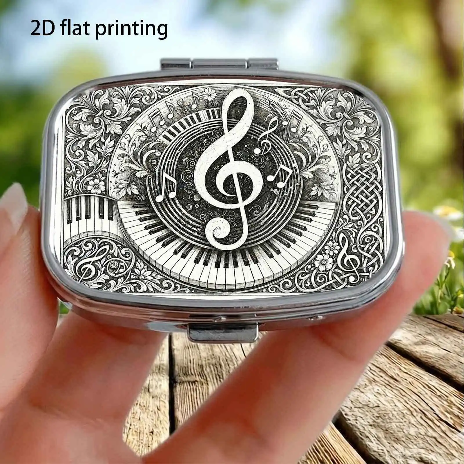 Vintage Black and White Embossed Treble Clef Music Score Pattern, Small Square Pill Storage Box with Two Compartments, Portable Medicine Organizer, Can Also Be Used as a Home Portable Organizer, Decorative Box, Perfect for Handbags, Wallets, and Travel, Metal Storage Box, Small Jewelry Organizer, Holiday Gifts, Souvenirs, Prizes, Small Gifts