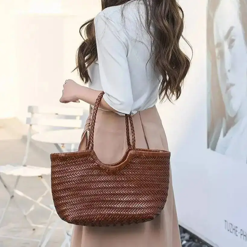

Hand-Woven Genuine Leather Vegetable Basket With Casual Woven Inside Shoulder Underarm Tote Bag