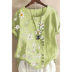 Zomer Plus Size Linnen Daisy Print Korte Mouw Blouses Voor Vrouwen Polyester T-Shirts O-hals Losse Trui Top Dame Kleding