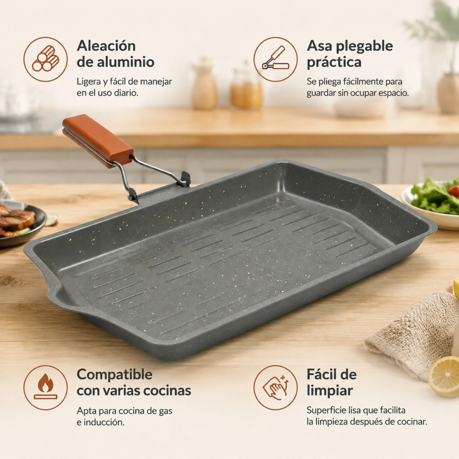Bandeja de Barbacoa de Aleación de Aluminio 34x22x3cm con Mango Plegable para Cocina de Inducción y Gas, Plancha Antiadherente Rectangular para Asar Carne y Verduras en Casa y Camping