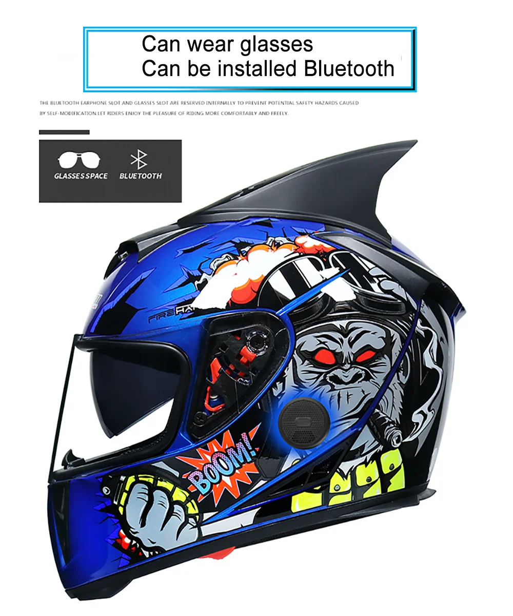 Full Face Safe Motorcycle Helmet double lens latest version ABS Material Motocross Helmet Motorbike Individuality braids horns