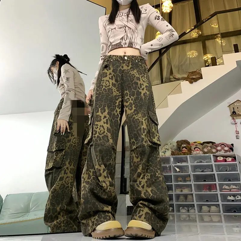 Leopard Print Cargo Pants Women Men Y2K Streetwear Baggy Wide Leg Jeans Casual Loose Denim Trousers Vintage American Style