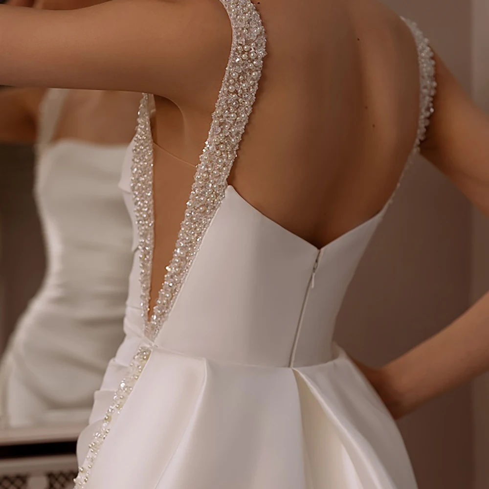 Square Neck Beading Bridal Gowns with Removable Train Customized Cutouts Backless Real Photos Thick Satin Modern Wedding Dress