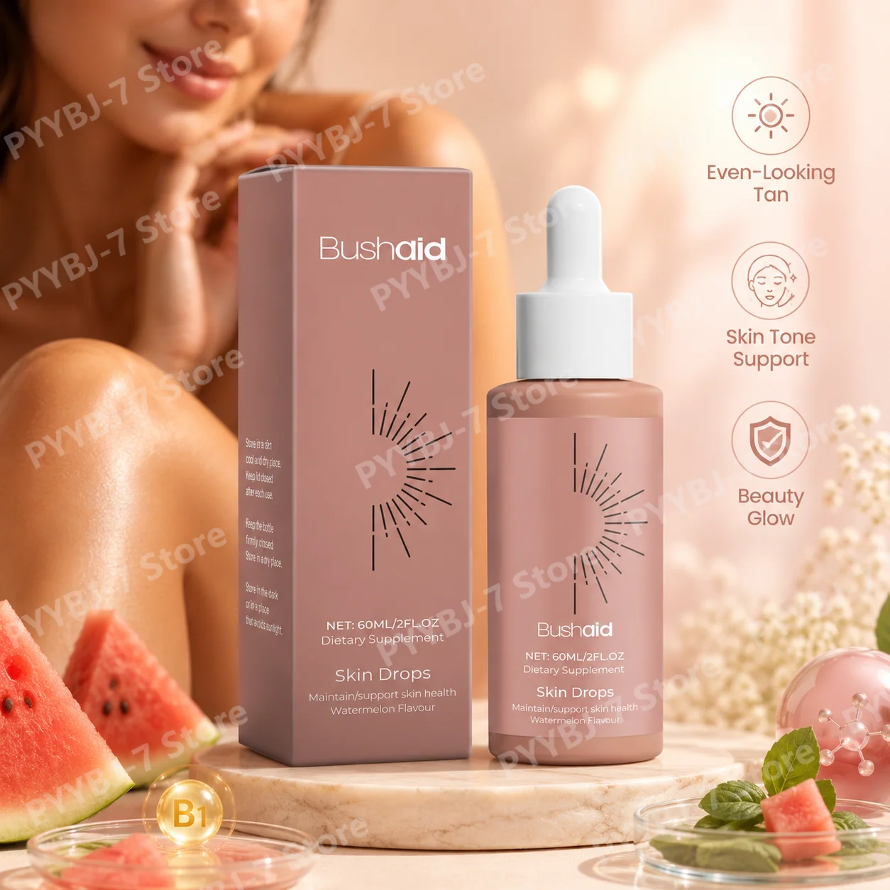 Tanning Drops Skin Wellness with Watermelon Extract Vitamin B1 Daily Beauty Radiance Antioxidant Support Watermelon Flavor 60ml