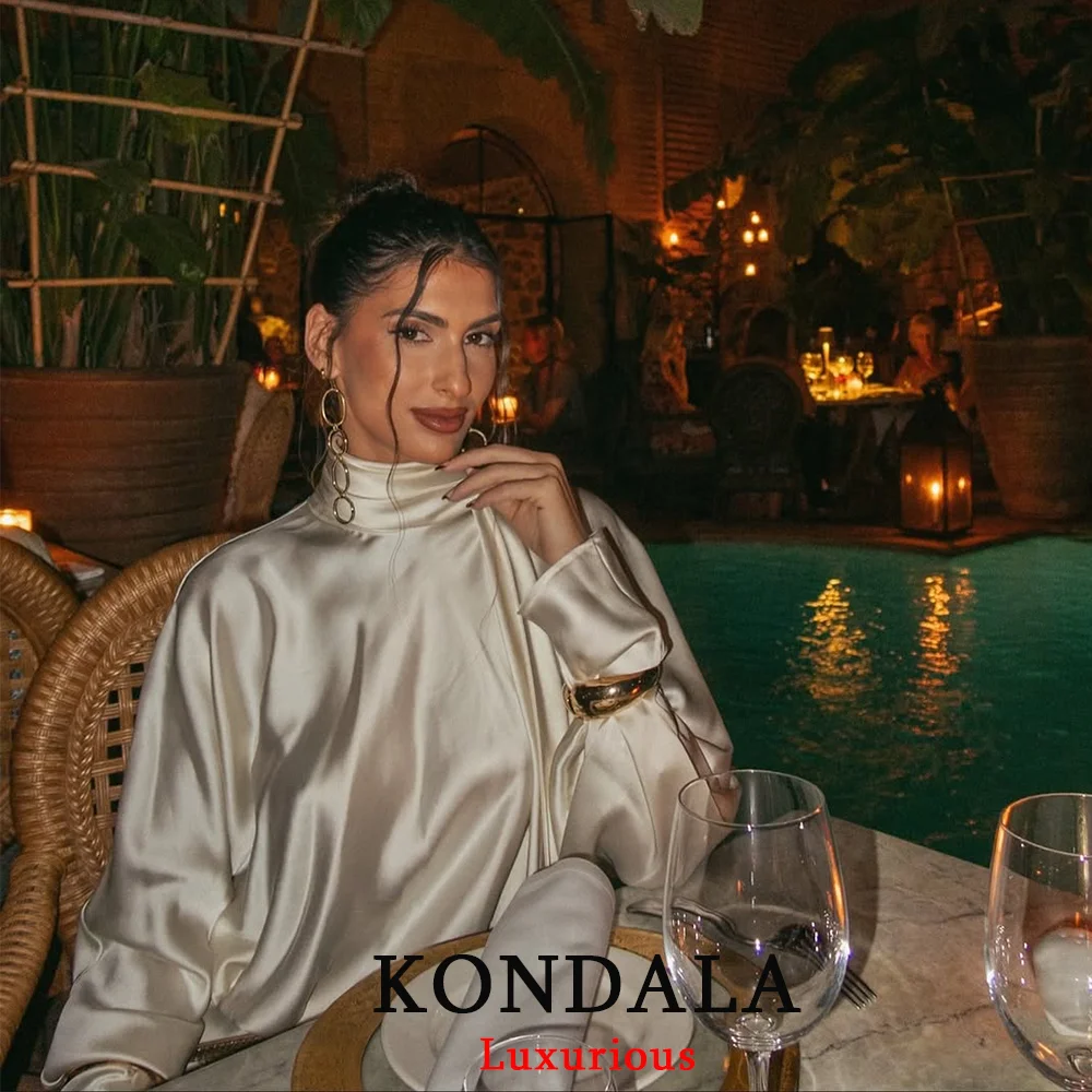 KONDALA elegante vestido de fiesta de satén Beige para mujer, minivestido holgado de manga larga con pajarita, moda 2025, vestido de noche para discoteca para mujer