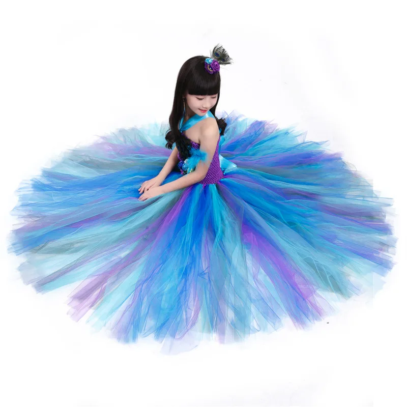 Fancy Peacock Feather Girl Pageant Tutu Dress With Headband Children Kids Birthday Party Wedding Ball Gowns Trailing Tulle Dress