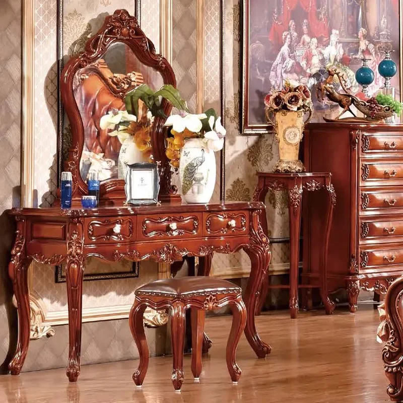 Luxury European Solid Wood Vanity Table Set Carved Bedroom Dressing Table with Mirror Modern Apartment Makeup Furniture