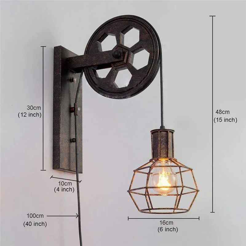 Imagem -06 - Retro Ferro Forjado Polia Lâmpadas de Parede para Casa Quarto Luz Sala Estar Decoração Luminária Quarto Arandela Lâmpada E27