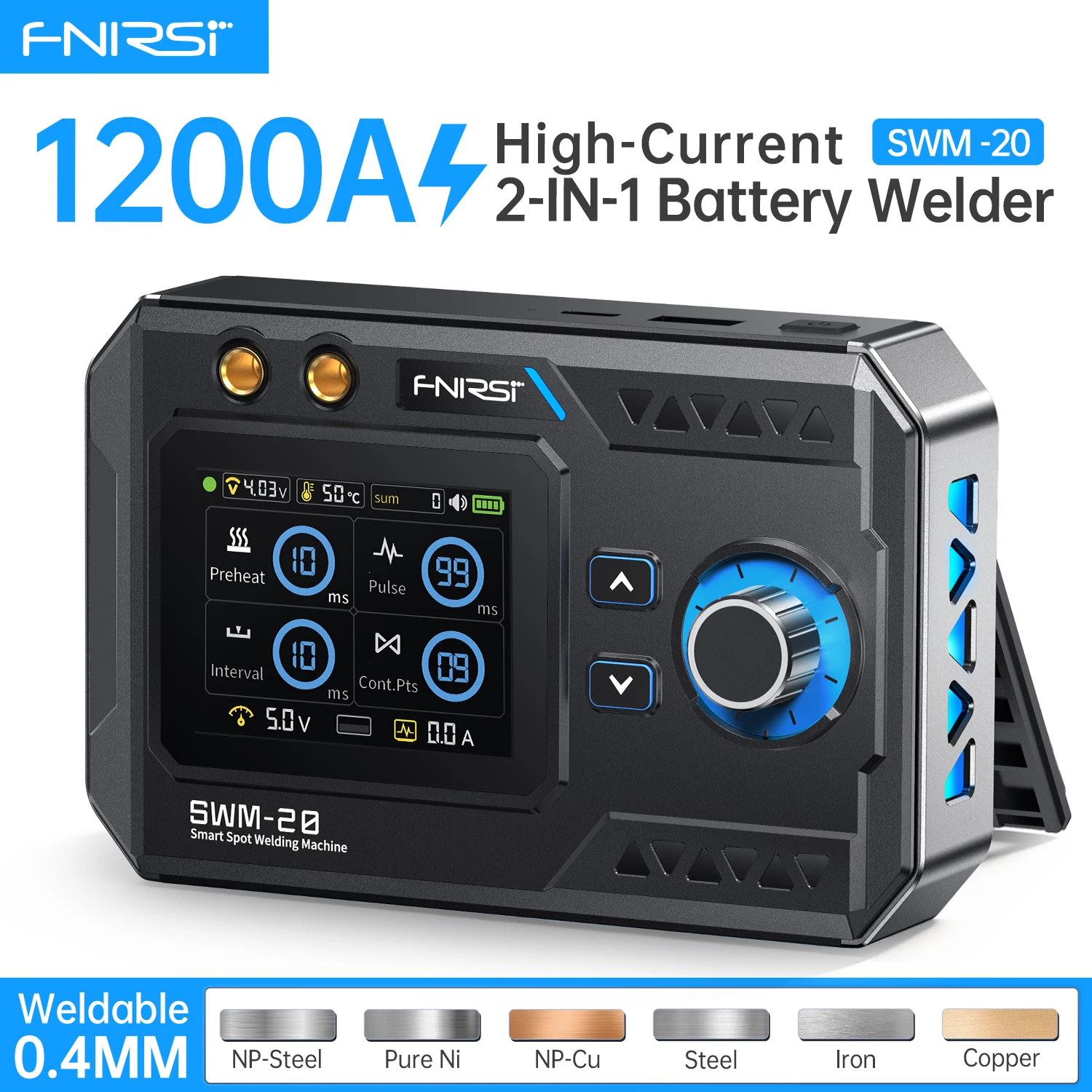 Soudeuse par points portable FNIRSI SWM-20, machine à souder à batterie à double impulsion, sortie 1200A, bande de nickel 0,1-0,4 mm, outil pour pack de batteries 18650