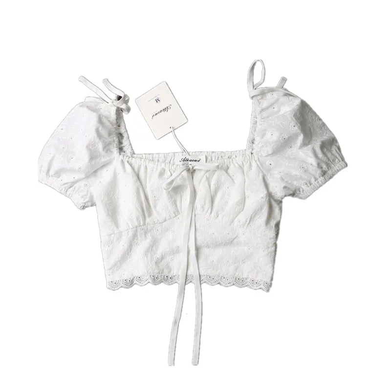 Mai Lace Bubble Sve irt ort Fit Top estivo da donna Colletto quadrato Scava fuori l'ombelico Esposizione Vaion ort irt