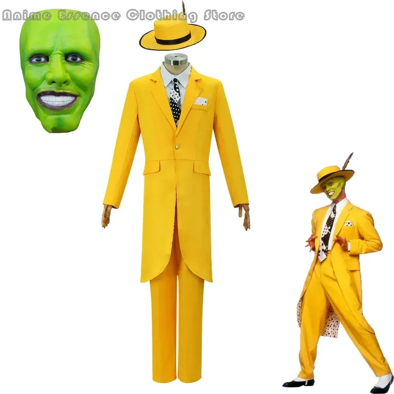 

Movie Jim Carrey Cosplay Costume Adult Unisex Green Face Mask Yellow Uniform Suit For Women Men Halloween Outfit Performance5;c,