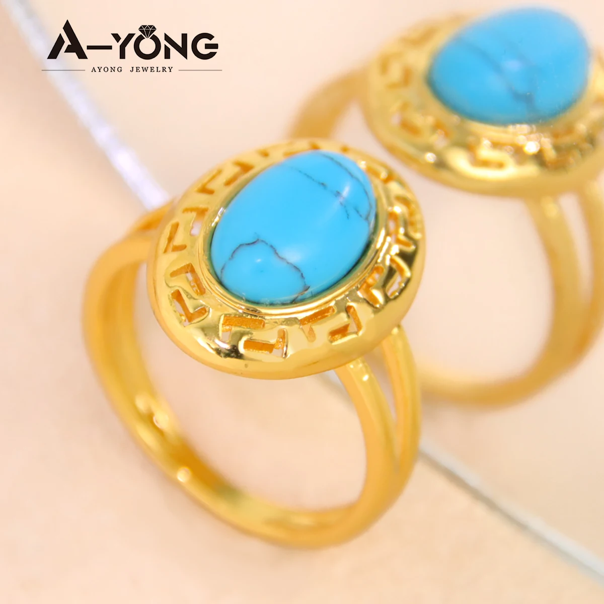 Luxury Turquoise Gold Plated Rings 21k Gold Color Saudi Fashion Big Ring Dubai Women Wedding Party Vintage Jewelry