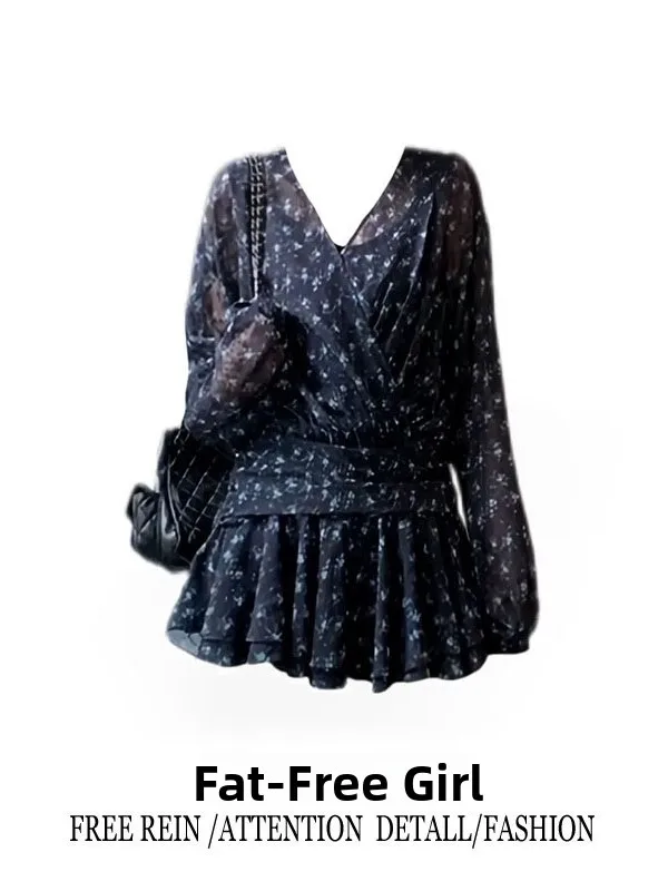 

Retro V-neck Floral Dress Slimming High Waist Short Skirt for plus Size Women Elegant French Style Spring Fashion