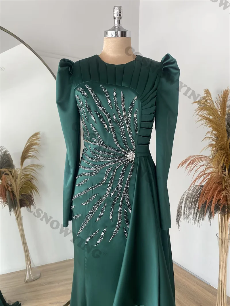 Robe de soirée musulmane en satin perlé, manches longues, hijab islamique, robe de soirée formelle, caftan arabe, col rond