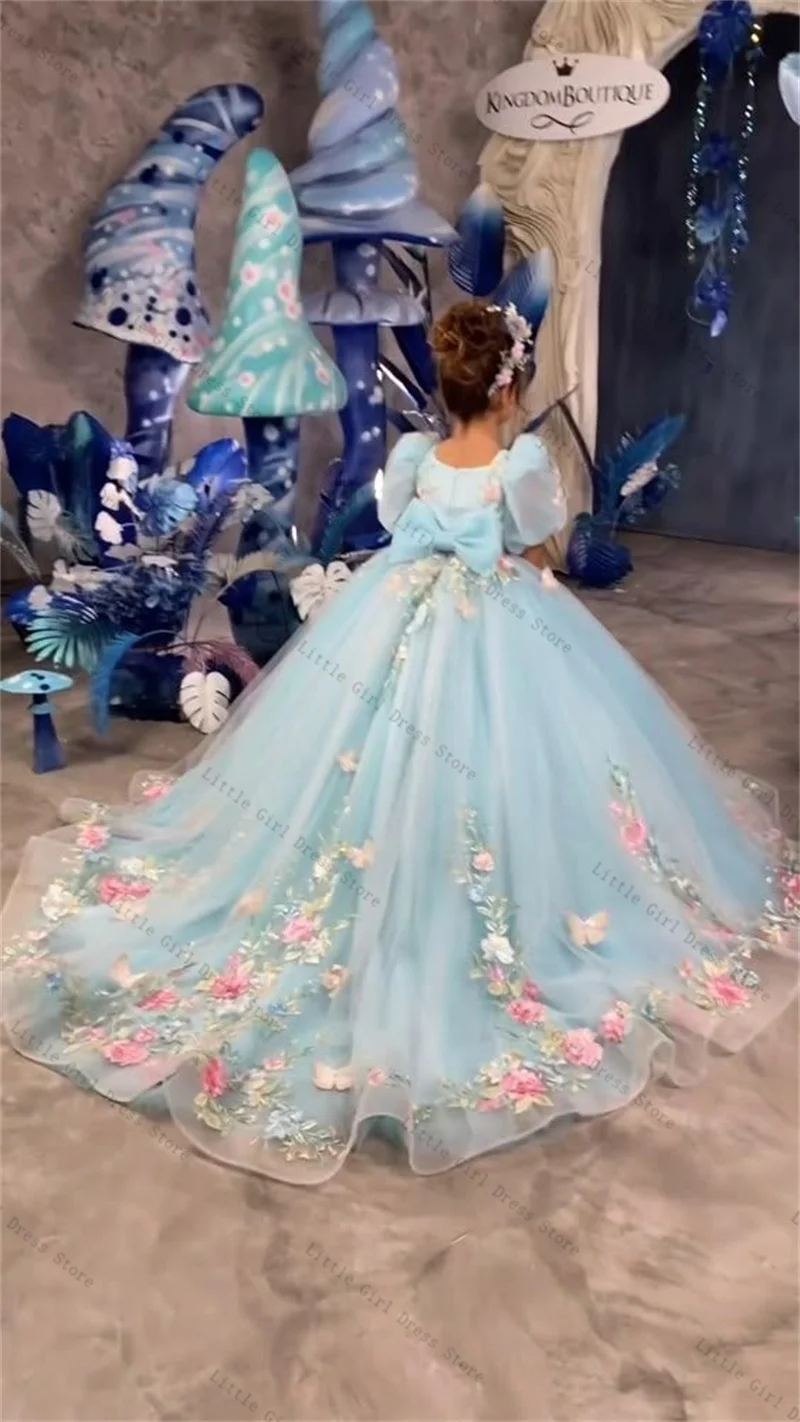 Light Blue Princess Flower Girl Dress Elegant Colorful 3D Floral Wedding Gown Kids Birthday Party Pageant Gown Customized