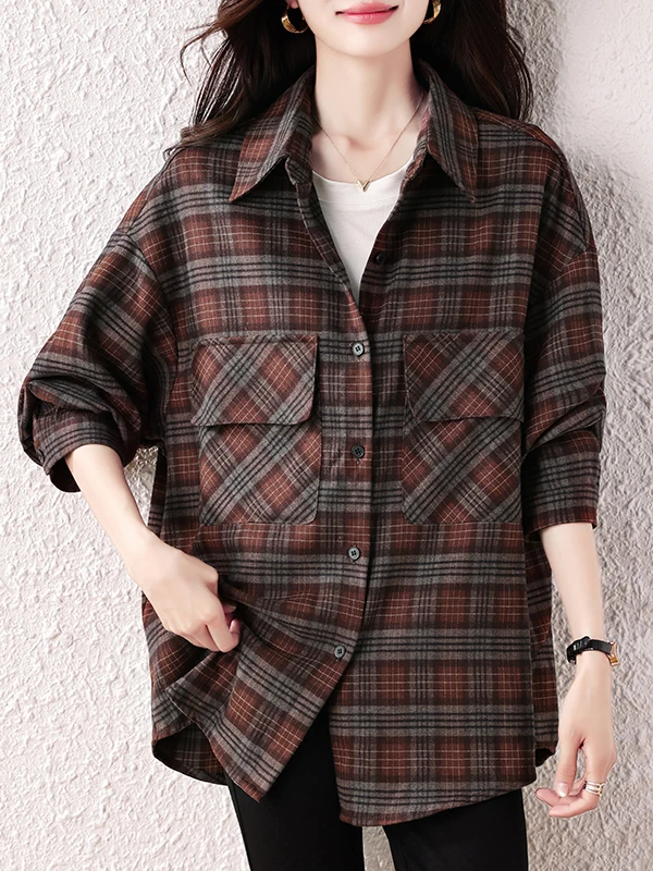 

Women's Plaid irt Casual Loose Long Sve Fce Treaent Slimming Vintage Sle Autumn New Arrival Inner/Outerwear