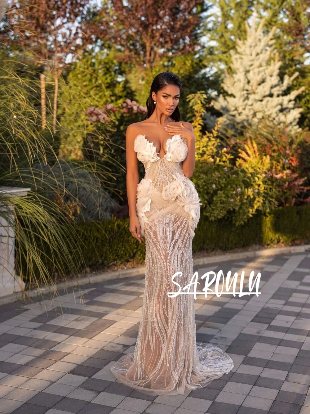 

Романтичное вечернее платье с 3D цветочными аппликациями, силуэт «русалка», с иллюзионным эффектом, индивидуальный пошив, сказочное, расшитое бисером, для гостей на свадьбу, женская одежда, новинка